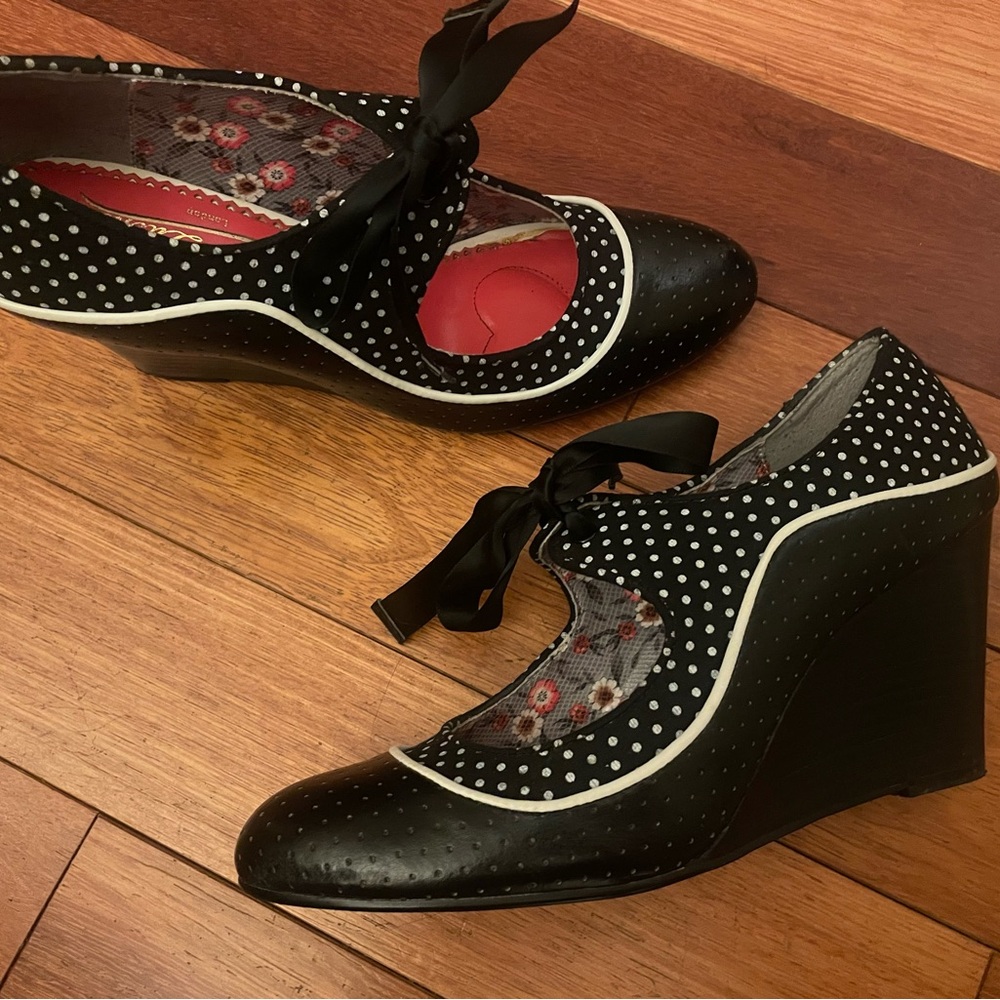 Poetic License Black and White Polka Dot Wedge Heels with Red Insole